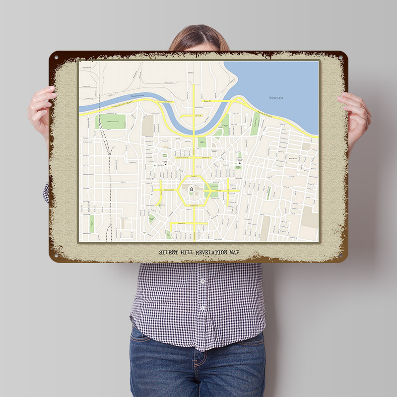 Custom Map Poster - โปสเตอร์โลหะลายแผนที่ Silent Hill Revelation งานศิลปะตกแต่งผนังแบบกำหนดเอง ป้ายโลหะสไตล์เรโทรวินเทจ