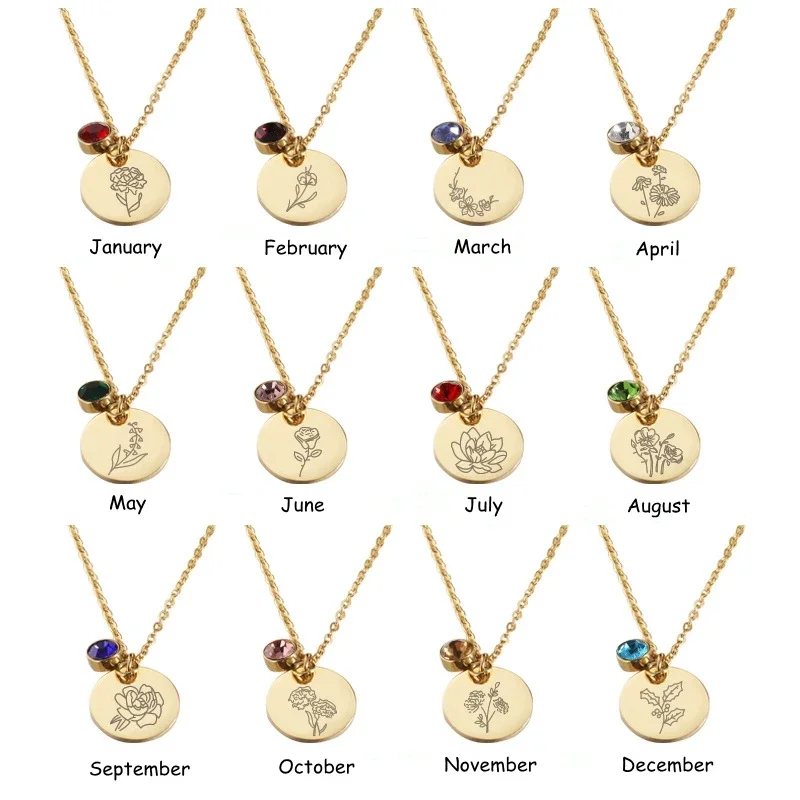 Birth Flower Necklace - Birth เดือนดอกไม้ Clipart ดอกไม้แผ่นสแตนเลสจี้สร้อยคอ Birthstone ส่วนบุคคลของขวัญวันเกิดสำหรับเธอสำหรับแม่