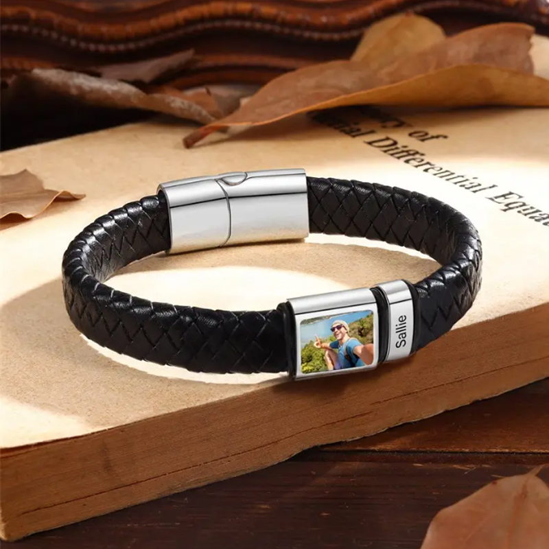 Coordinates Bracelet - ส่วนบุคคล Photo ชื่อสร้อยข้อมือผู้ชายที่กําหนดเองภาพสร้อยข้อมือหนังแกะสลักชื่อสร้อยข้อมือของขวัญเครื่องประดับสําหรับชายสามี