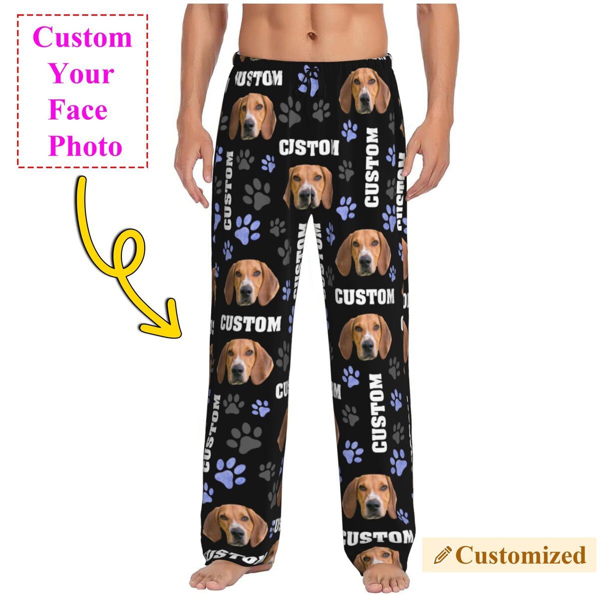 Pet Portrait Custom - กางเกงนอนลายภาพสัตว์เลี้ยงแบบกำหนดเองสำหรับผู้ชาย ออกแบบชื่อและภาพสัตว์เลี้ยงส่วนตัว ชุดนอน กางเกงลำลองมีกระเป๋า