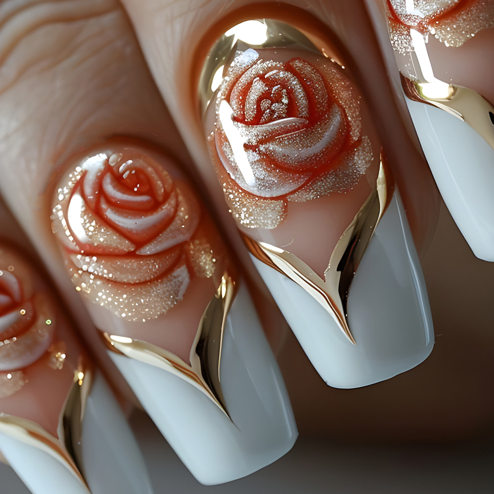 Pressed Flower Art - สีขาวเคล็ดลับฝรั่งเศสกดบนเล็บขนาดกลางสแควร์เล็บปลอม Rose ภาษาฝรั่งเศสคําดอกไม้ที่มีสีสันเล็บเต็มรูปแบบสวมใส่เล็บ