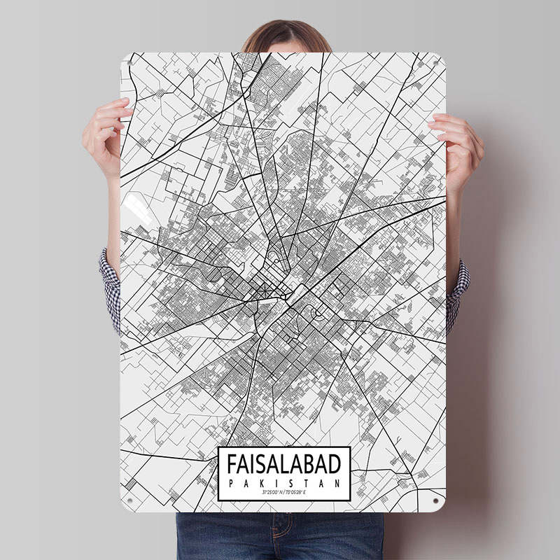 Custom Map Poster - แผนที่เมืองฟัยซาลาบาด ประเทศปากีสถาน โปสเตอร์โลหะบางแบบกำหนดเอง ศิลปะติดผนัง ป้ายโลหะวินเทจ ป้ายโลหะย้อนยุค