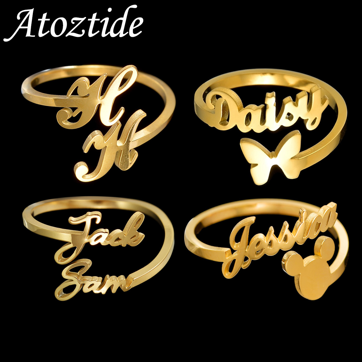 Initial Ring Custom - Atoztide แหวนชื่อที่กำหนดเองได้ทำจากสแตนเลสของขวัญแต่งงานตัวอักษรผีเสื้อรูปหัวใจแบบปรับได้