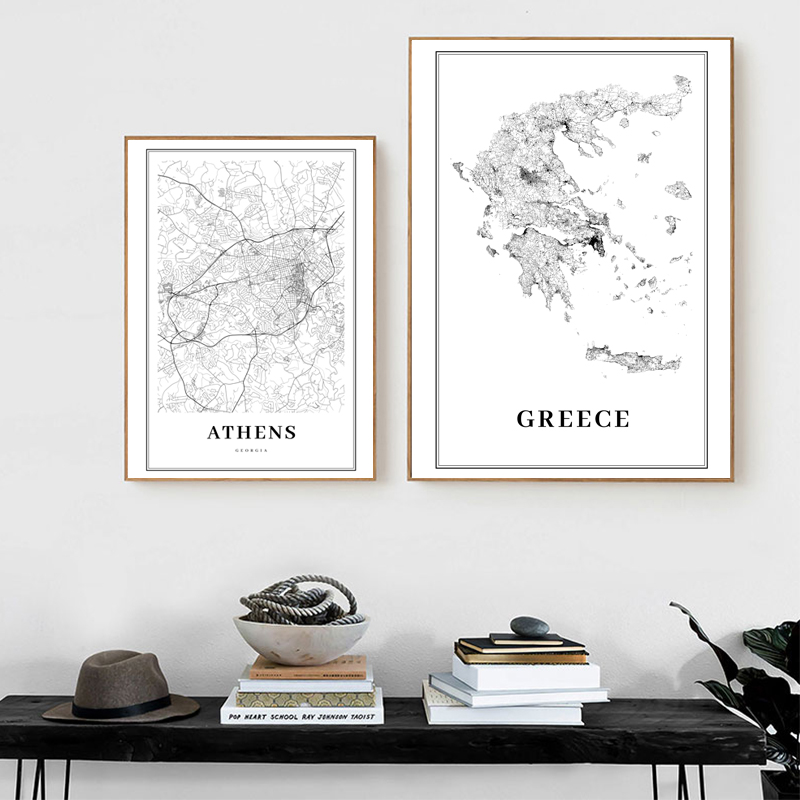 Custom Star Map - กรีซแผนที่แผนที่โปสเตอร์สีดำและสีขาวพิมพ์,เอเธนส์แผนที่เมืองภาพวาดผ้าใบTravelโปสเตอร์Wall Artภาพตกแต่งสำนักงาน