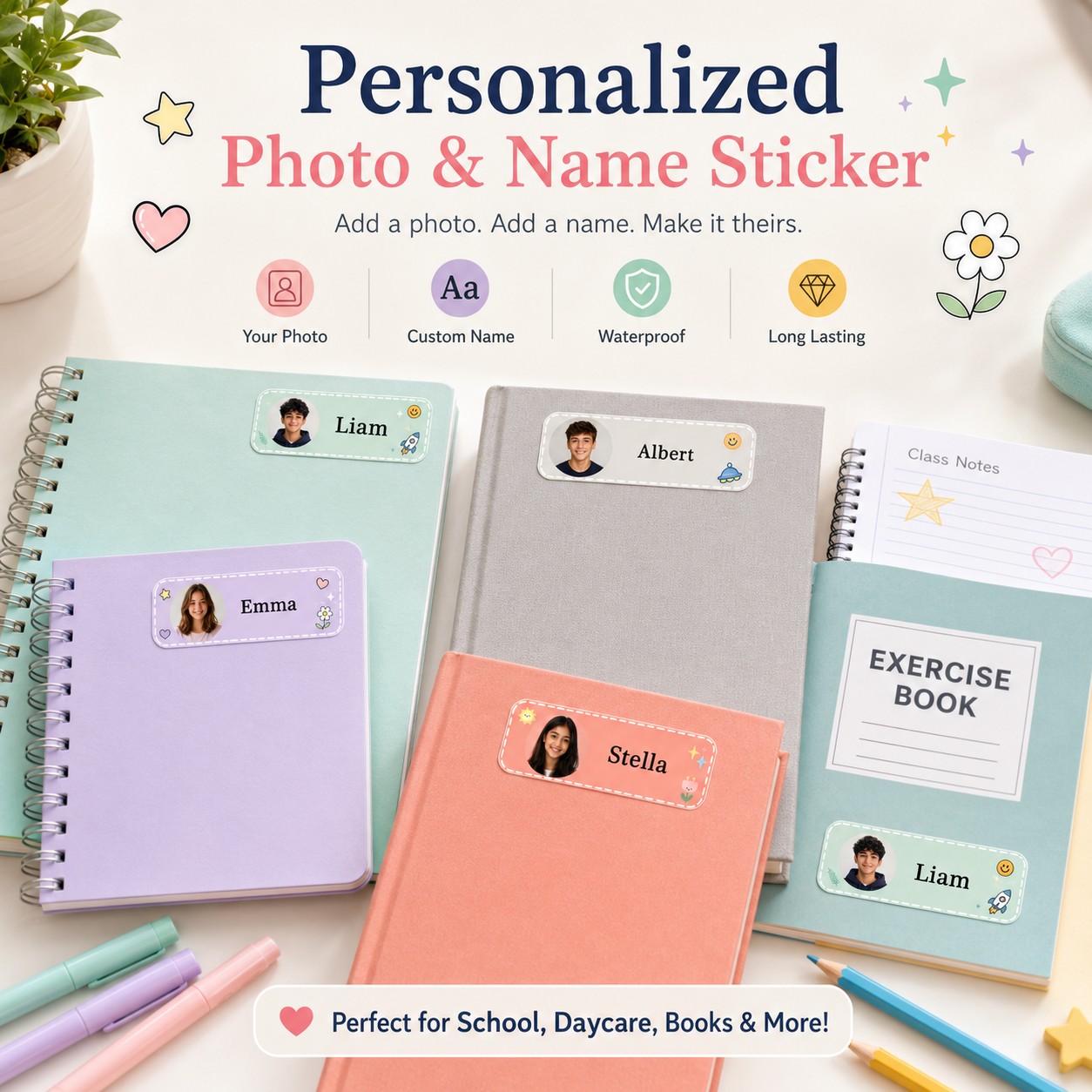 Custom Photo Book - สติกเกอร์ชื่อชั้นเรียนแบบปรับแต่งได้, ป้ายชื่อนักเรียนแบบเฉพาะตัว, เหมาะสำหรับหนังสือ, สมุดโน้ต, กล่องดินสอ, ขวดน้ำ,
