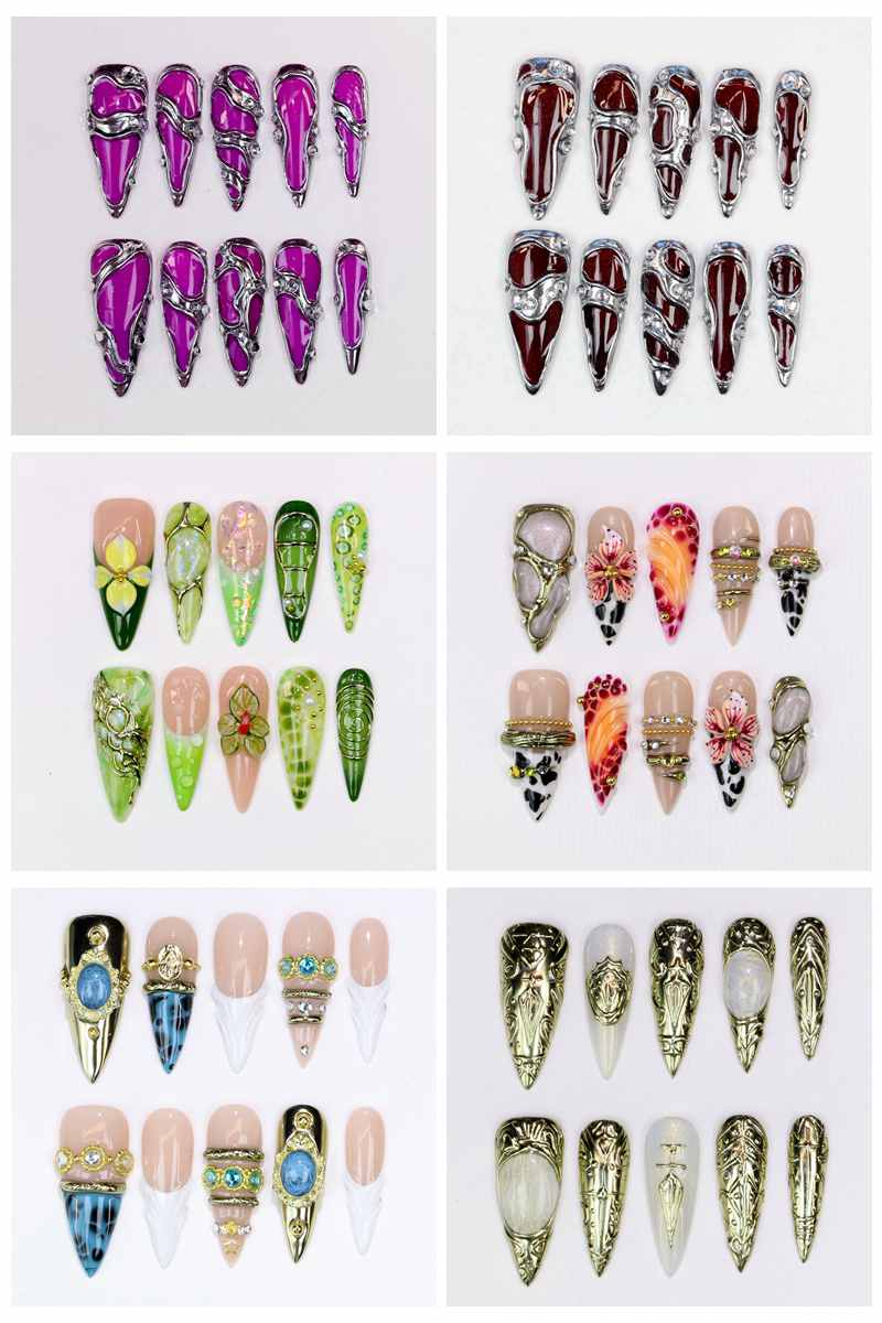 Pressed Flower Art - เล็บปลอมทรงสติเลตโต้ยาว 10 ชิ้น เคลือบเงา ลายดอกไม้สีม่วงเพ้นท์มือ สำหรับงานแต่งงานและงานอีเวนต์