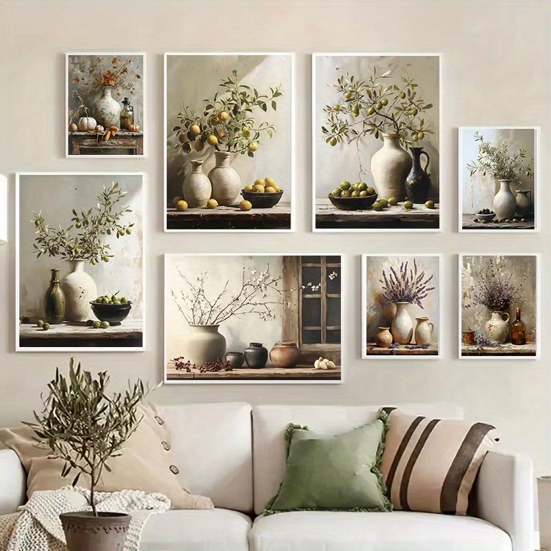 Family Tree Print - ภาพพิมพ์โปสเตอร์ภาพนิ่งสไตล์เรโทรไร้กรอบ 1 ชิ้น ภาพเลมอน ต้นมะกอกในแจกัน ภาพวาดบนผ้าใบ