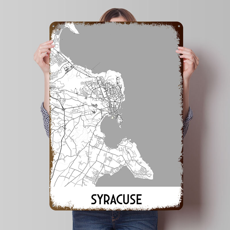 Custom Map Poster - โปสเตอร์โลหะแผนที่เมืองซีราคิวซ์ งานศิลปะติดผนังแบบกำหนดเอง ป้ายโลหะวินเทจย้อนยุค สำหรับตกแต่งบ้านสมัยใหม่ ของตกแต่งบ้าน