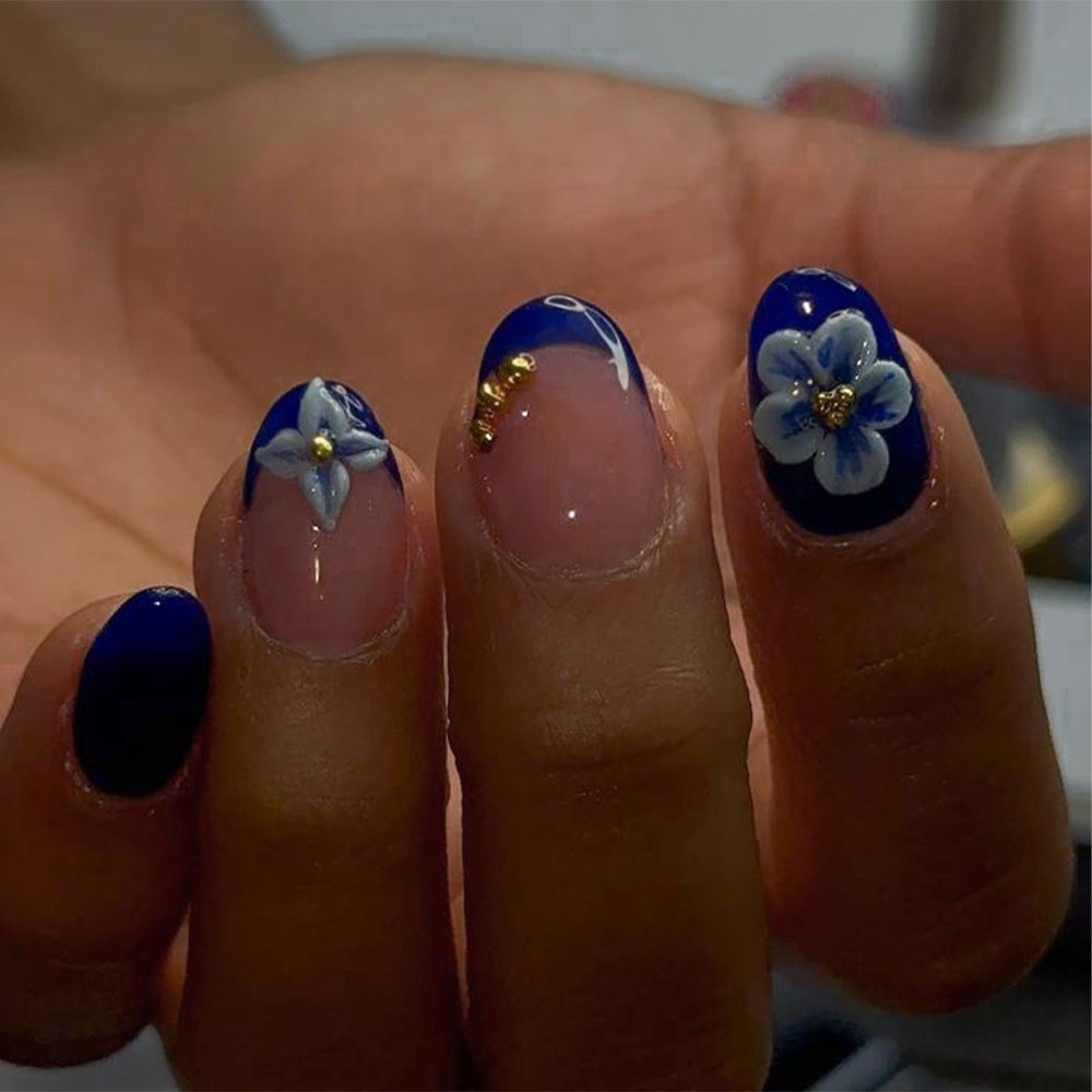 Pressed Flower Art - สติกเกอร์ติดเล็บเจล 3 มิติ รูปวงรีสั้น 24 ชิ้น