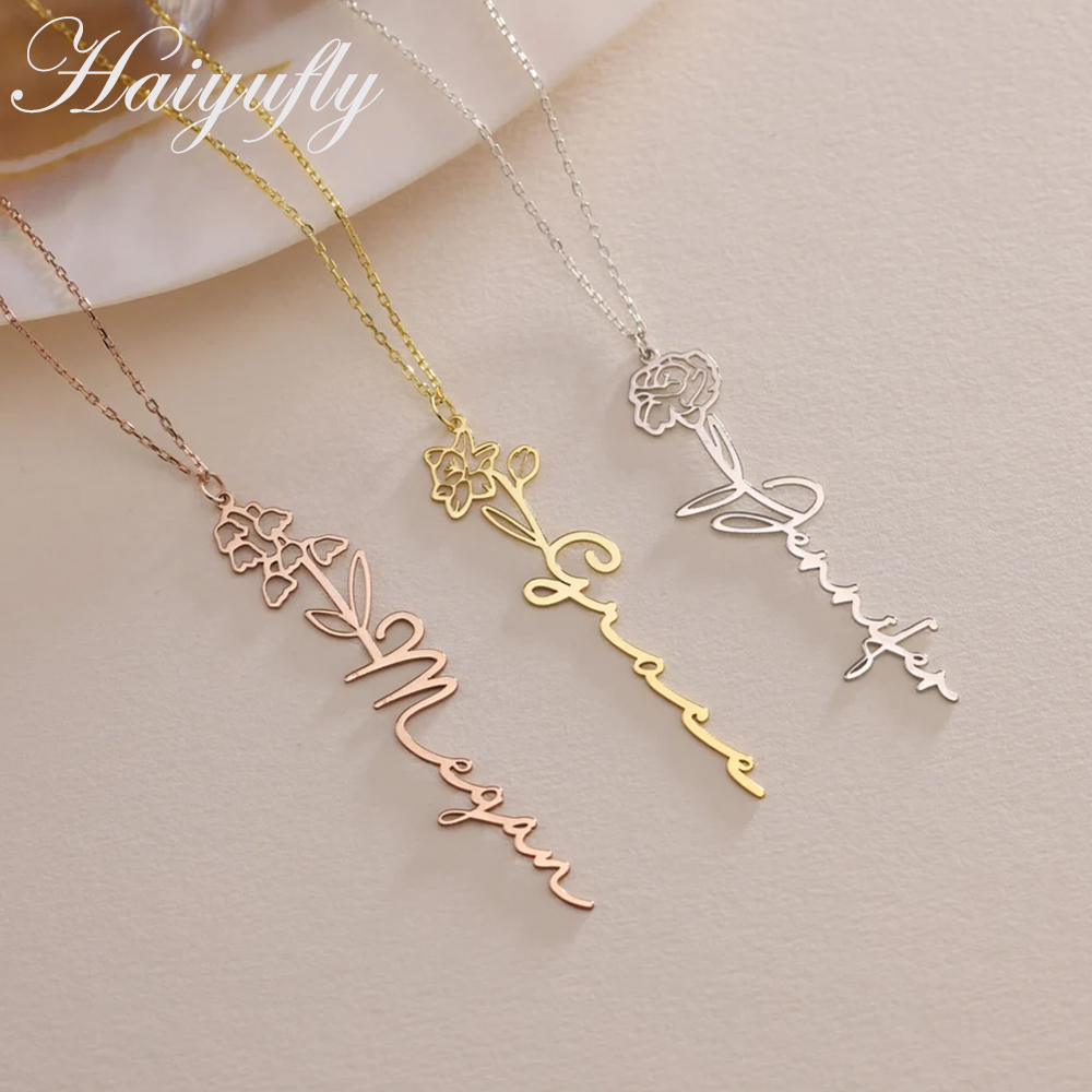 Birth Flower Necklace - Haiyufly สร้อยคอชื่อที่กำหนดเองสำหรับผู้หญิงจี้สร้อยคอแฟชั่นดอกไม้วันเกิดส่วนบุคคลโซ่เชื่อมโยงสแตนเลสเครื่องประดับของขวัญ