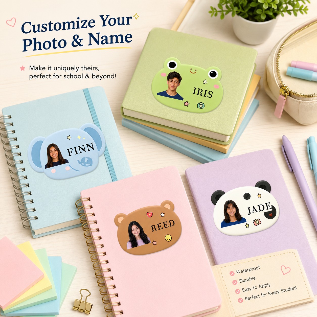 Custom Photo Book - สติ๊กเกอร์ชื่อแบบกำหนดเอง, ป้ายชื่อส่วนตัวรูปสัตว์น่ารัก, มีให้เลือกสองขนาด, เหมาะสำหรับหนังสือ, กล่องดินสอ, ขวดน้ำ