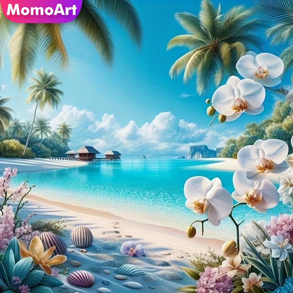 Photo Mosaic Print - โมโมอาร์ต ชุดภาพวาดเพชรลายดอกไม้ริมทะเล งานฝีมืออะคริลิก ชุดเพชรเพ้นท์ภาพ ของขวัญทำมือ DIY