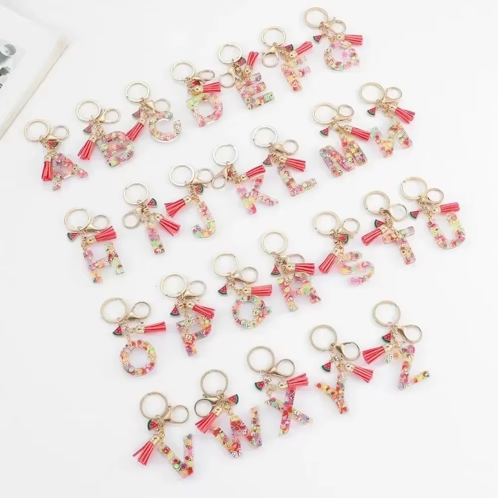 Monogram Keychain Leather - ส่วนบุคคล A-Z Key แหวนหัวเข็มขัดโซ่ Y2k ใหม่ผลไม้เรซิ่นพวงกุญแจ