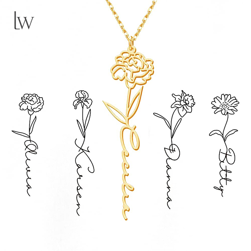 Birth Flower Necklace - ส่วนบุคคล Birth ดอกไม้ชื่อสร้อยคอที่กําหนดเองชื่อสร้อยคอจี้ 18 Gold Plated