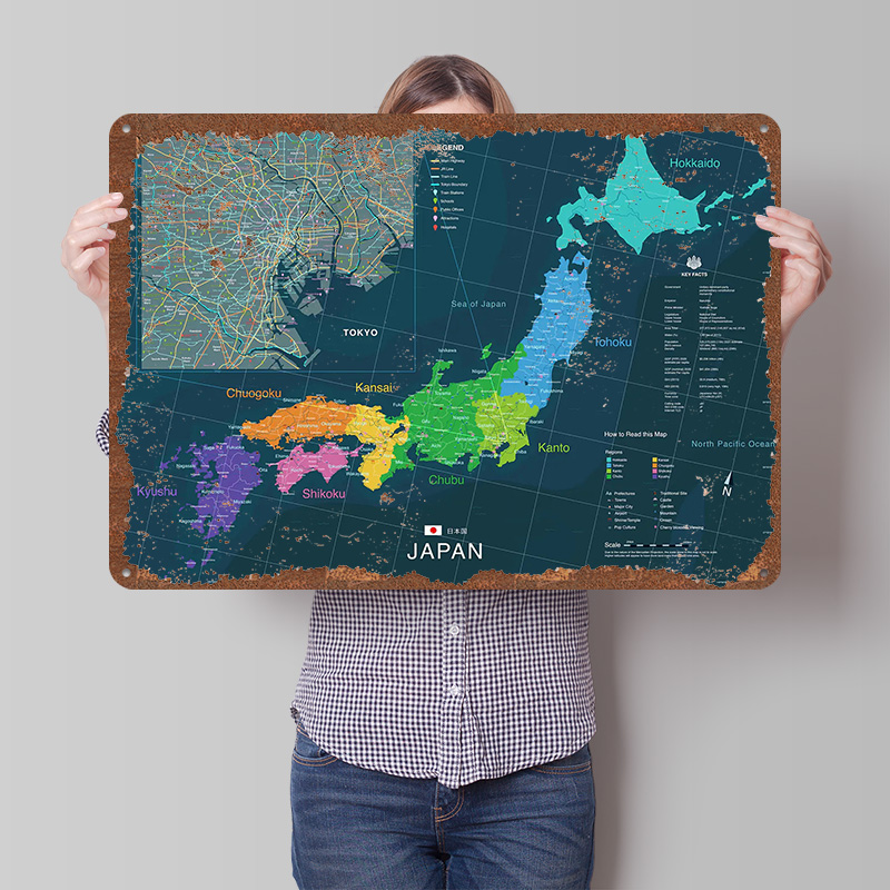 Custom Map Poster - แผนที่ประเทศญี่ปุ่นและโตเกียว โปสเตอร์ตกแต่งผนังแบบกำหนดเอง ป้ายโลหะวินเทจ ป้ายดีบุกย้อนยุค สำหรับตกแต่งภายในห้องแมนเคฟ