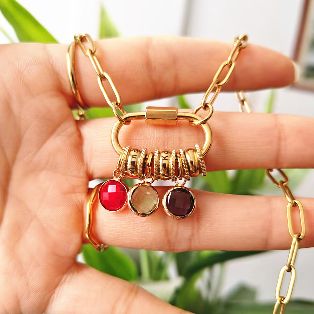 Birth Flower Necklace - CUSTOM Carabiner ชื่อ Charm สร้อยคอสแตนเลสคลิปโซ่ส่วนบุคคล DIY