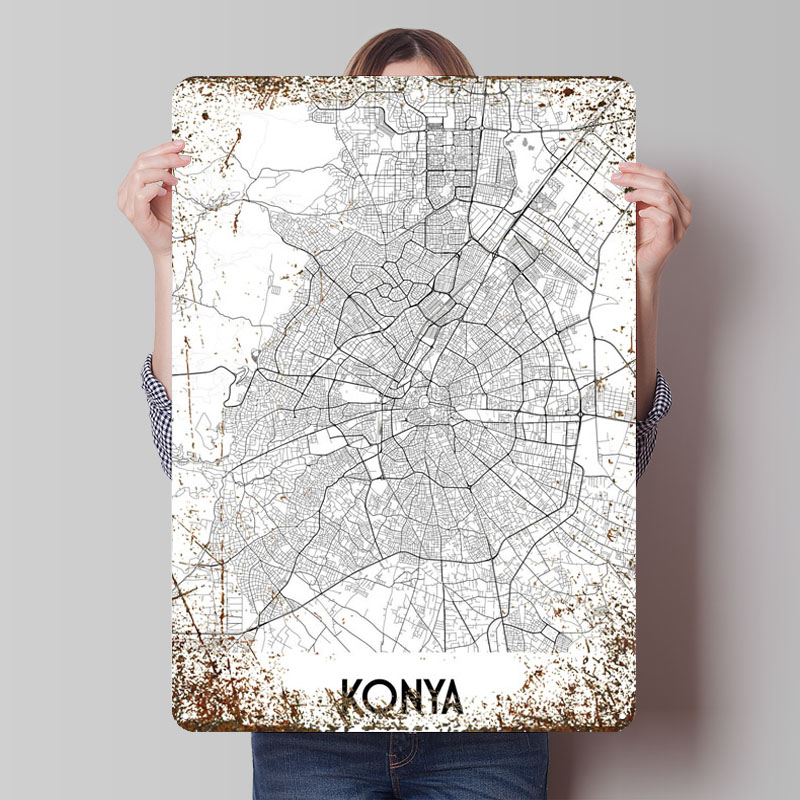 Custom Map Poster - Konya City แผนที่ Tinplate ป้ายแผนที่โปสเตอร์ตกแต่งสําหรับตกแต่งบ้านรายการที่กําหนดเองป้ายโลหะสําหรับ Wall