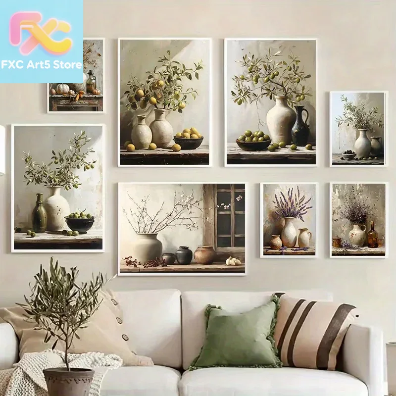 Family Tree Print - ภาพพิมพ์โปสเตอร์แนวเรโทร 1 ชิ้น ภาพพิมพ์บนผ้าใบ รูปต้นมะนาว ต้นมะกอกในแจกัน