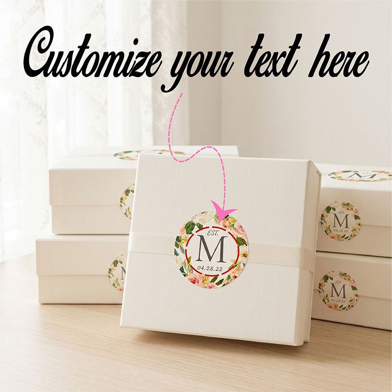 Personalized Name Box - สติกเกอร์แบบกำหนดเอง วันที่ที่กำหนดเองได้ ป้ายพวงหรีดดอกโบตั๋นสีขาว บลัชออนสีน้ำ สติกเกอร์บรรจุภัณฑ์กล่องของขวัญพร้อมข้อความและชื่อที่กำหนดเองได้