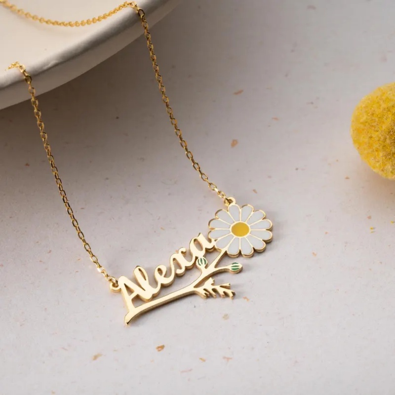 สร้อยคอชื่อเดซี่เคลือบสีสันสดใ - Birth Flower Necklace บทวิจารณ์และราคา
